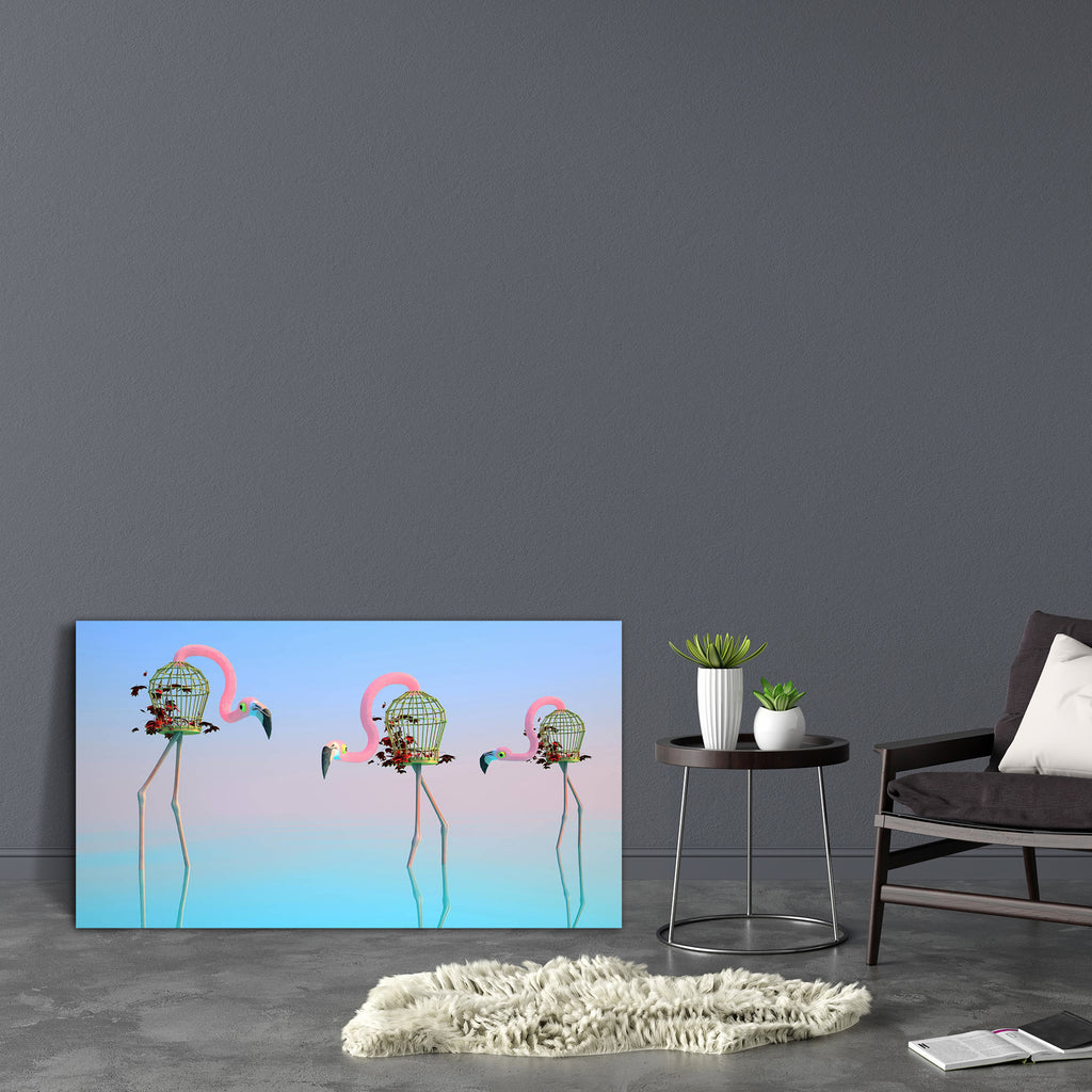 Flamingos Stand In Water Canvas Painting Synthetic Frame-Paintings MDF Framing-AFF_FR-IC 5003959 IC 5003959, Animals, Art and Paintings, Birds, Fantasy, Fashion, Illustrations, Nature, Pets, Realism, Scenic, Space, Surrealism, flamingos, stand, in, water, canvas, painting, synthetic, frame, art, artificial, aviary, backgrounds, birdcage, bizarre, blue, color, creativity, creeper, cutout, day, decoration, dreams, elegance, fairy, feather, flamingo, fun, horizontal, illustration, imagination, ivy, large, mout