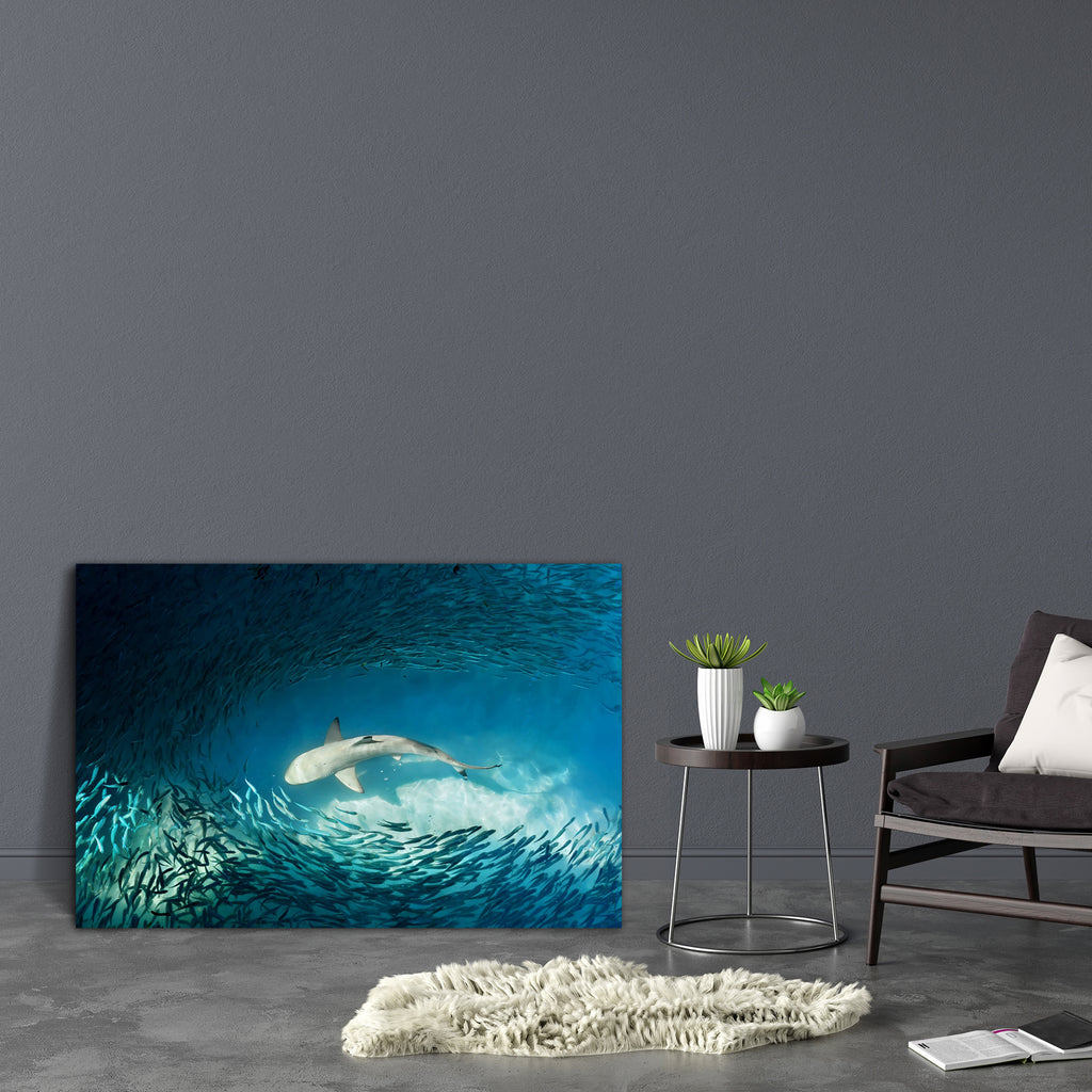 Shark & Small Fishes Canvas Painting Synthetic Frame-Paintings MDF Framing-AFF_FR-IC 5003968 IC 5003968, Animals, Automobiles, Birds, Black and White, Cuisine, Food, Food and Beverage, Food and Drink, Nature, Scenic, Signs and Symbols, Symbols, Transportation, Travel, Vehicles, White, Wildlife, shark, small, fishes, canvas, painting, synthetic, frame, fish, ocean, marine, sharks, sea, great, aggressive, aquarium, attack, awe, blue, colony, crowd, danger, dangerous, endangered, fauna, fear, ferocious, fierce