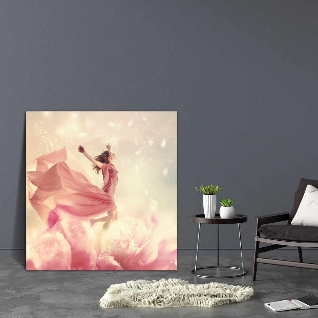 Woman Jumping On A Giant Flower Canvas Painting Synthetic Frame-Paintings MDF Framing-AFF_FR-IC 5004088 IC 5004088, Art and Paintings, Botanical, Conceptual, Fantasy, Fashion, Floral, Flowers, Nature, People, Realism, Surrealism, woman, jumping, on, a, giant, flower, canvas, painting, synthetic, frame, beauty, beautiful, wind, peony, concept, background, art, blonde, color, dream, dreamy, dress, elegance, fairy, fairytale, female, fly, flying, freedom, girl, glamour, happy, heaven, jump, light, little, magi