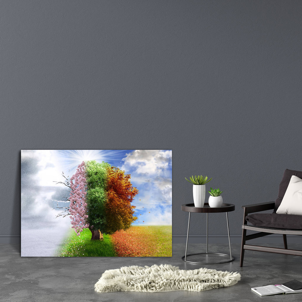 Four Season Tree Canvas Painting Synthetic Frame-Paintings MDF Framing-AFF_FR-IC 5004125 IC 5004125, Black and White, Botanical, Fantasy, Floral, Flowers, Landscapes, Nature, Scenic, Seasons, White, four, season, tree, canvas, painting, synthetic, frame, transformation, summer, change, magic, changes, the, evolution, unique, global, warming, autumn, background, beautiful, bloom, blossom, branch, colorful, concept, cycle, eco, environment, flower, garden, green, growth, ideas, landscape, leaf, mysterious, na