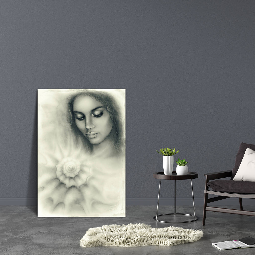 Woman Meditating Upon A Spiraling Seashell Canvas Painting Synthetic Frame-Paintings MDF Framing-AFF_FR-IC 5004185 IC 5004185, Ancient, Art and Paintings, Black, Black and White, God Ram, Historical, Individuals, Inspirational, Medieval, Motivation, Motivational, Nature, Paintings, Portraits, Religion, Religious, Retro, Scenic, Spiritual, Vintage, White, woman, meditating, upon, a, spiraling, seashell, canvas, painting, synthetic, frame, beautiful, airbrush, portrait, young, closed, eyes, vinobranie, varian