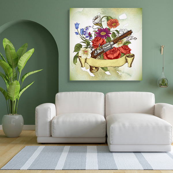 Gun & Flowers D1 Canvas Painting Synthetic Frame-Paintings MDF Framing-AFF_FR-IC 5004196 IC 5004196, American, Ancient, Botanical, Floral, Flowers, Historical, Medieval, Nature, Scenic, Vintage, Watercolour, Wedding, gun, d1, canvas, painting, for, bedroom, living, room, engineered, wood, frame, background, colt, decoration, duel, flintlock, flower, garden, grunge, handgun, leaf, musket, petal, pistol, revolver, rose, spring, summer, war, watercolor, weapon, west, western, wild, artzfolio, wall decor for li