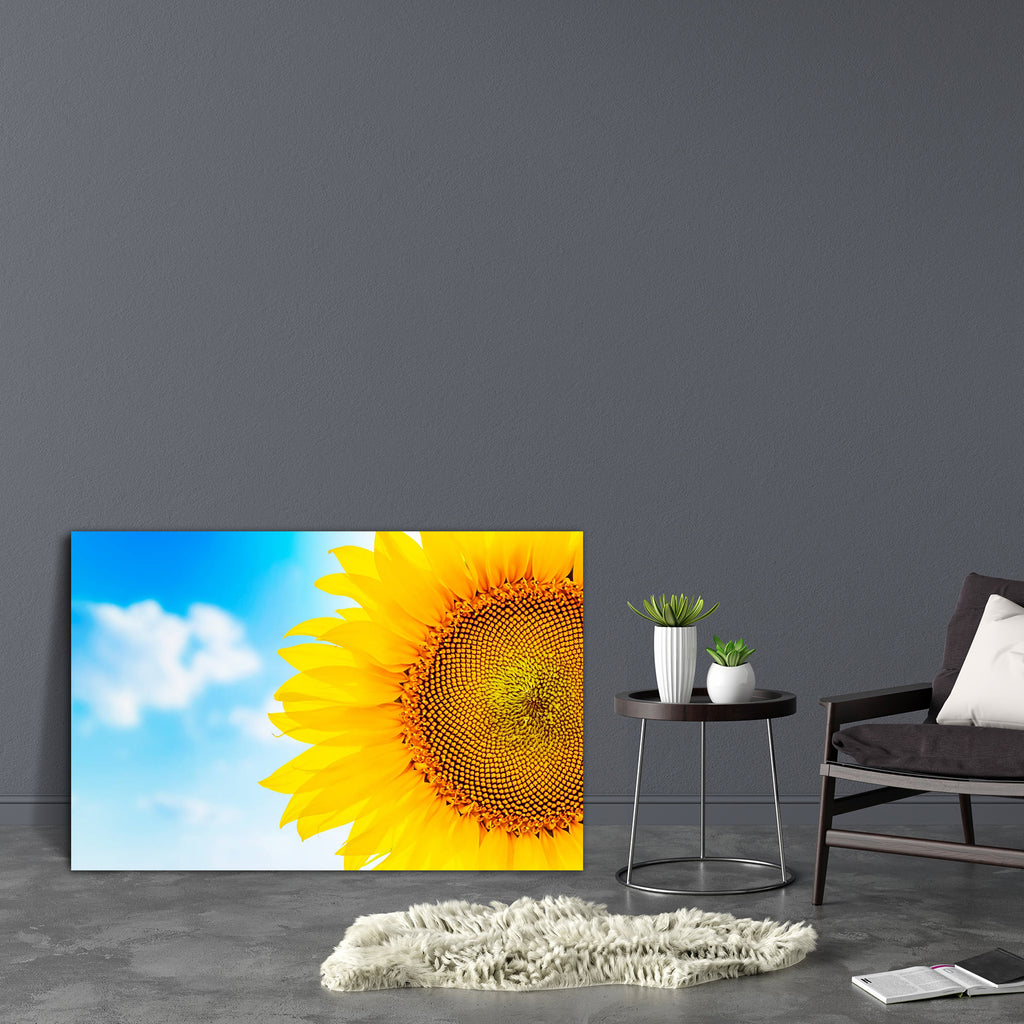 Sunflower & Blue Cloudy Sky Canvas Painting Synthetic Frame-Paintings MDF Framing-AFF_FR-IC 5004231 IC 5004231, Art and Paintings, Botanical, Circle, Countries, Culture, Ethnic, Floral, Flowers, Nature, Rural, Scenic, Traditional, Tribal, World Culture, sunflower, blue, cloudy, sky, canvas, painting, synthetic, frame, agriculture, background, beautiful, beauty, blooming, blossom, bright, close, closeup, color, country, crop, detail, farm, farming, field, flora, flower, garden, gardening, green, growing, har