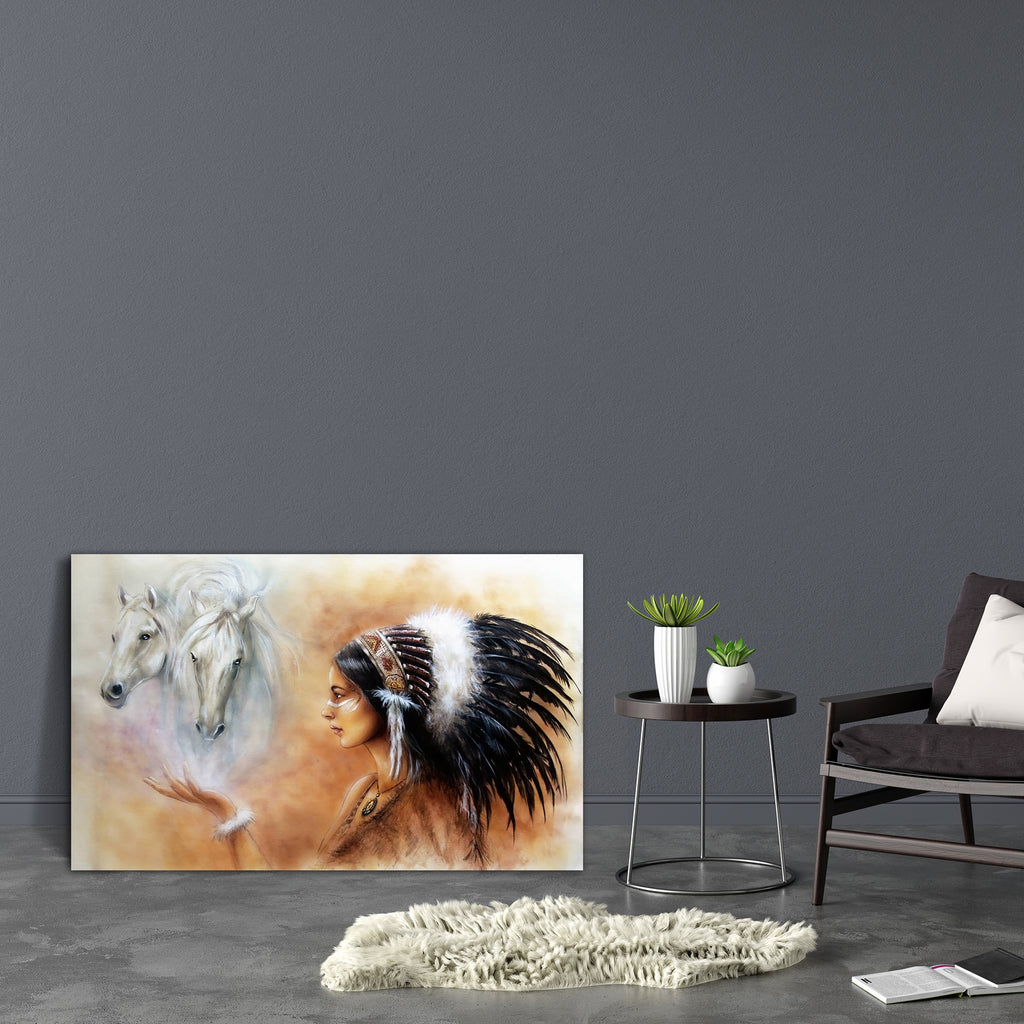 Woman Wearing Feathers With Two White Horse Spirits Canvas Painting Synthetic Frame-Paintings MDF Framing-AFF_FR-IC 5004281 IC 5004281, American, Ancient, Animals, Art and Paintings, Black, Black and White, Culture, Ethnic, Fantasy, Historical, Illustrations, Indian, Individuals, Medieval, Paintings, Portraits, Religion, Religious, Spiritual, Traditional, Tribal, Vintage, White, World Culture, woman, wearing, feathers, with, two, horse, spirits, canvas, painting, synthetic, frame, oil, horses, goddess, nati