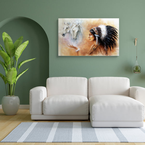 Woman Wearing Feathers With Two White Horse Spirits Canvas Painting Synthetic Frame-Paintings MDF Framing-AFF_FR-IC 5004281 IC 5004281, American, Ancient, Animals, Art and Paintings, Black, Black and White, Culture, Ethnic, Fantasy, Historical, Illustrations, Indian, Individuals, Medieval, Paintings, Portraits, Religion, Religious, Spiritual, Traditional, Tribal, Vintage, White, World Culture, woman, wearing, feathers, with, two, horse, spirits, canvas, painting, for, bedroom, living, room, engineered, wood