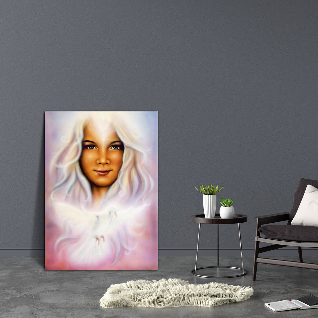 Young Girl With Radiant White Hair & Shining Dove Canvas Painting Synthetic Frame-Paintings MDF Framing-AFF_FR-IC 5004284 IC 5004284, Art and Paintings, Birds, Black and White, Fantasy, Illustrations, Individuals, Inspirational, Motivation, Motivational, Paintings, Portraits, Religion, Religious, Spiritual, White, young, girl, with, radiant, hair, shining, dove, canvas, painting, synthetic, frame, angel, angelic, art, artist, artwork, background, beautiful, bird, blue, chakra, color, colorful, creative, dre