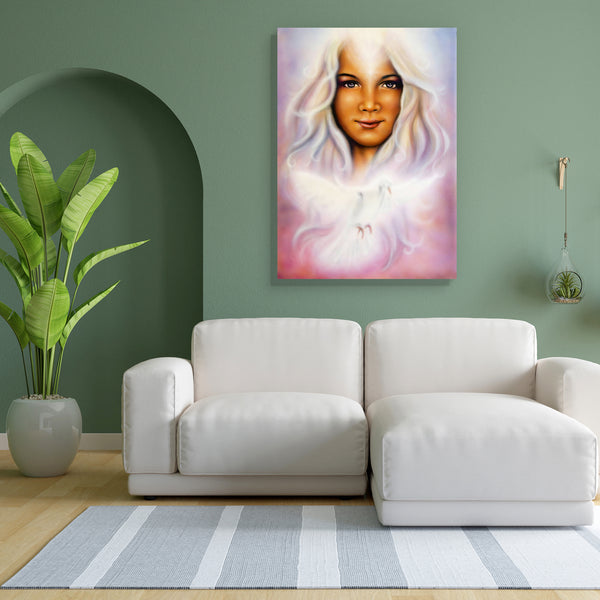 Young Girl With Radiant White Hair & Shining Dove Canvas Painting Synthetic Frame-Paintings MDF Framing-AFF_FR-IC 5004284 IC 5004284, Art and Paintings, Birds, Black and White, Fantasy, Illustrations, Individuals, Inspirational, Motivation, Motivational, Paintings, Portraits, Religion, Religious, Spiritual, White, young, girl, with, radiant, hair, shining, dove, canvas, painting, for, bedroom, living, room, engineered, wood, frame, angel, angelic, art, artist, artwork, background, beautiful, bird, blue, cha