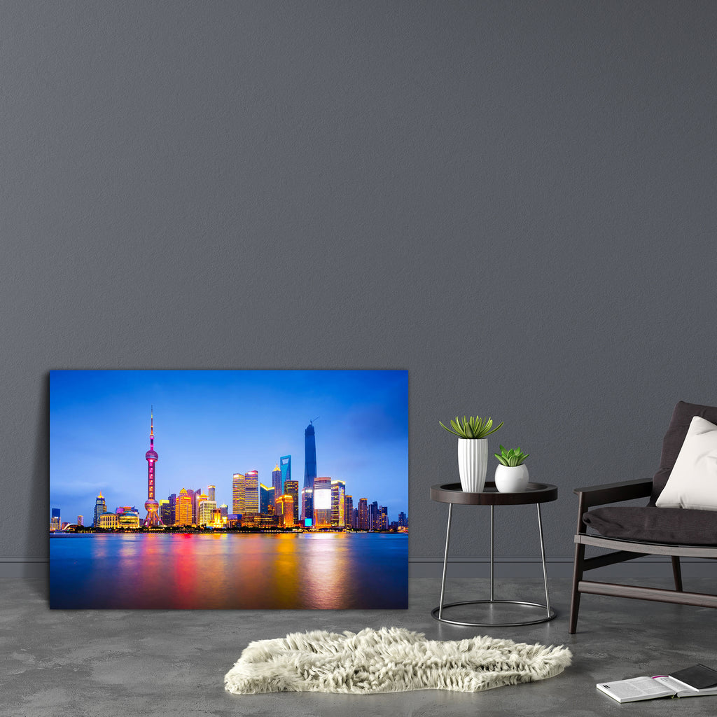 Shanghai, China City Skyline On The Huangpu River Canvas Painting Synthetic Frame-Paintings MDF Framing-AFF_FR-IC 5004321 IC 5004321, Architecture, Asian, Automobiles, Business, Chinese, Cities, City Views, Landmarks, Modern Art, Places, Skylines, Sunsets, Transportation, Travel, Vehicles, shanghai, china, city, skyline, on, the, huangpu, river, canvas, painting, synthetic, frame, asia, attraction, buildings, district, cbd, central, cityscape, destination, downtown, dusk, evening, famous, finance, financial