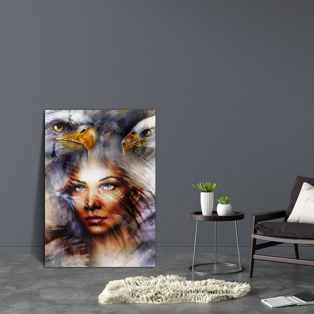 Woman With A Flying Eagle Canvas Painting Synthetic Frame-Paintings MDF Framing-AFF_FR-IC 5004322 IC 5004322, Adult, Ancient, Art and Paintings, Asian, Birds, Black and White, Collages, Fashion, Historical, Illustrations, Indian, Individuals, Medieval, Nature, Paintings, Portraits, Scenic, Seasons, Vintage, White, woman, with, a, flying, eagle, canvas, painting, synthetic, frame, airbrush, art, artist, attitude, background, beautiful, beauty, bird, caucasian, color, eagles, elegance, eyes, face, falcon, fea