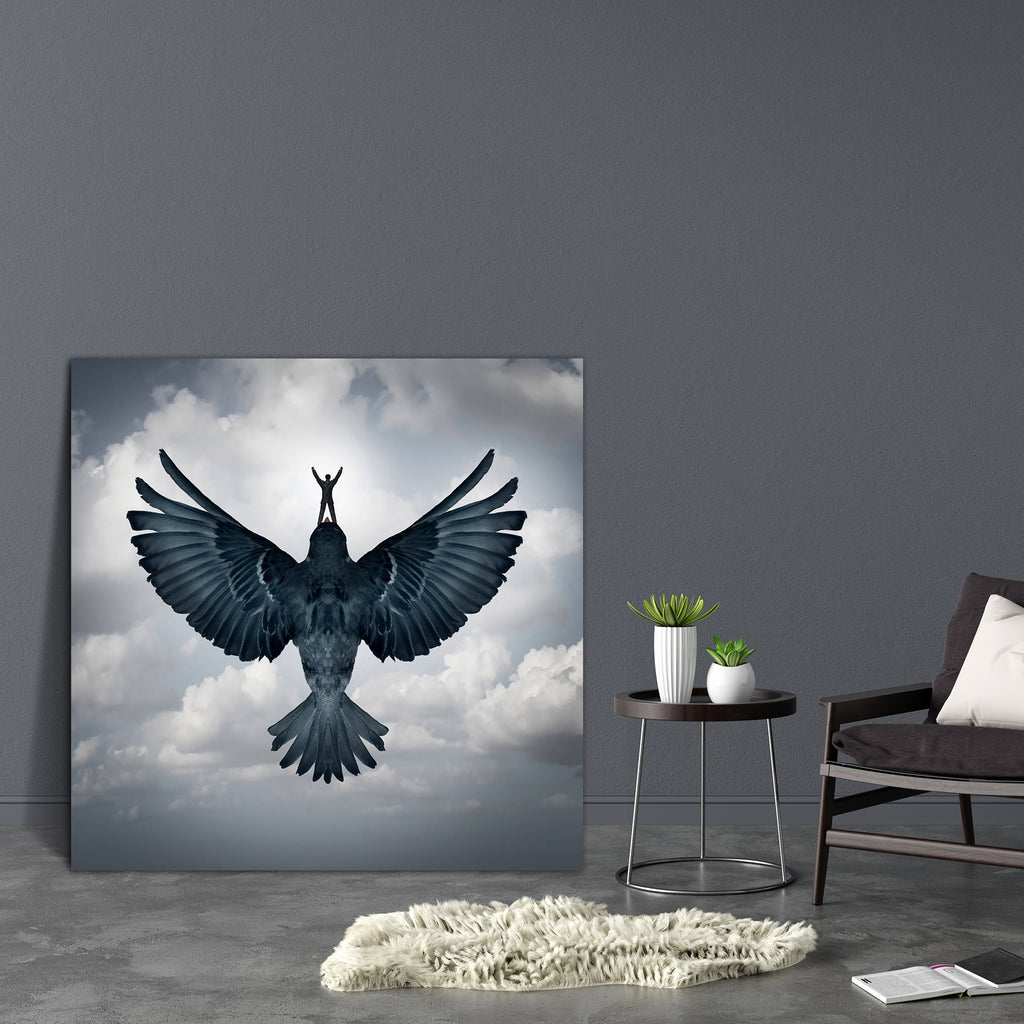 Man Riding An Open Wing Bird Canvas Painting Synthetic Frame-Paintings MDF Framing-AFF_FR-IC 5004355 IC 5004355, Birds, Business, Conceptual, Futurism, People, Signs and Symbols, Symbols, man, riding, an, open, wing, bird, canvas, painting, synthetic, frame, addiction, ambition, aspirations, businessman, career, climb, climbing, concept, creative, creativity, cure, emerge, employee, fearless, freedom, future, hope, leader, leadership, liberty, metaphor, opportunity, positive, power, powerful, promotion, rea