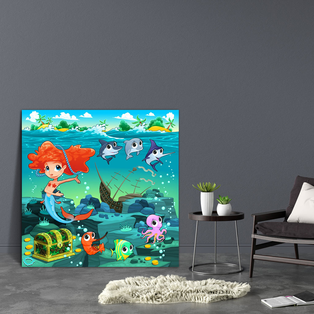 Mermaid With Funny Animals Canvas Painting Synthetic Frame-Paintings MDF Framing-AFF_FR-IC 5004365 IC 5004365, Animals, Animated Cartoons, Caricature, Cartoons, Coins, Illustrations, Mermaid, Tropical, with, funny, canvas, painting, synthetic, frame, ocean, animal, bubble, cartoon, character, childhood, coin, crustacean, dolphin, expression, fish, galleon, girl, gold, happy, island, isle, marine, mythological, mythology, floor, octopus, pirate, polyp, prawn, sea, bottom, shark, ship, shrimp, siren, smile, s