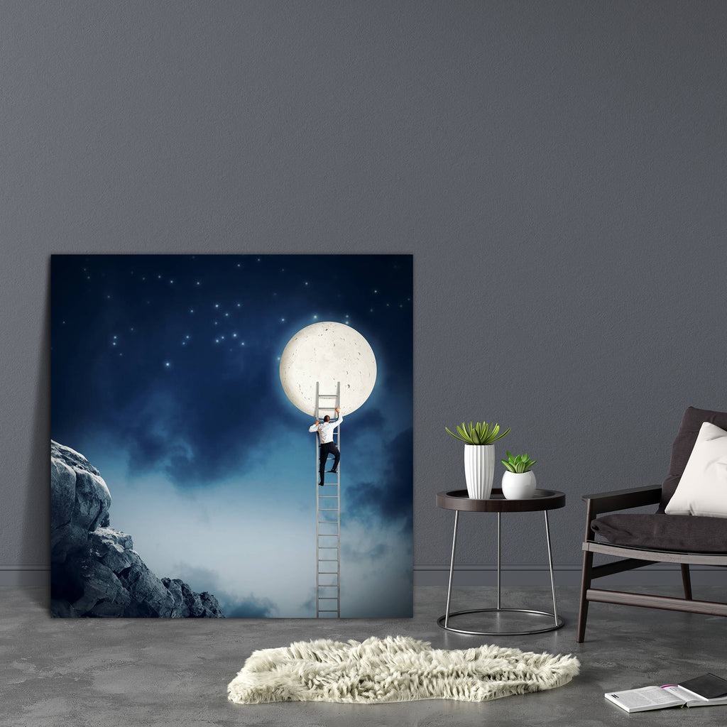 Man Scales The Sky For Moon Canvas Painting Synthetic Frame-Paintings MDF Framing-AFF_FR-IC 5004400 IC 5004400, Astronomy, Business, Cosmology, Fantasy, Mountains, Space, man, scales, the, sky, for, moon, canvas, painting, synthetic, frame, impossible, challenge, reach, achieve, want, attain, blue, businessman, capture, carry, climb, cloud, cloudy, competition, concept, cord, determination, dream, engage, get, glowing, light, manager, mountain, night, planet, pull, romantic, rope, scale, stair, staircase, s