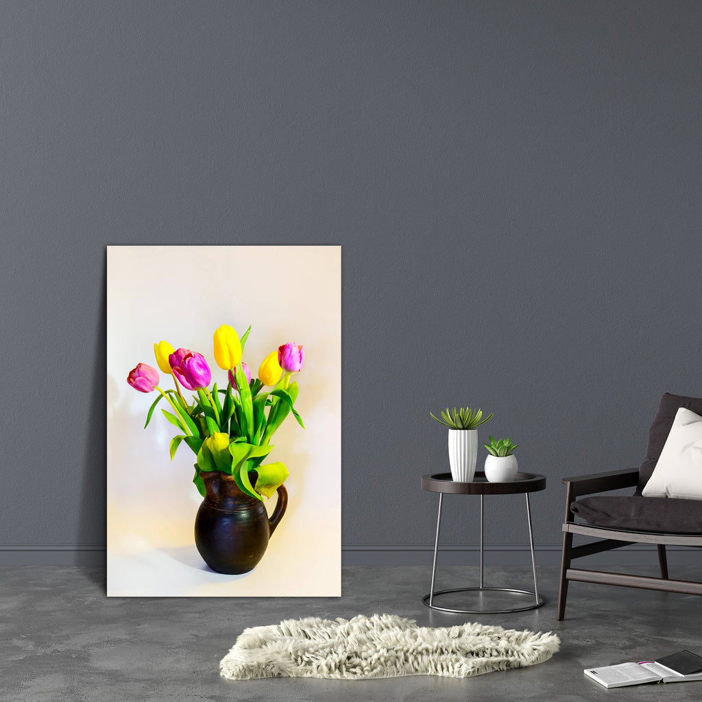 Violet & Yellow Tulips Canvas Painting Synthetic Frame-Paintings MDF Framing-AFF_FR-IC 5004423 IC 5004423, Abstract Expressionism, Abstracts, Art and Paintings, Black and White, Botanical, Decorative, Floral, Flowers, Nature, Scenic, Semi Abstract, Signs, Signs and Symbols, White, violet, yellow, tulips, canvas, painting, synthetic, frame, abstract, antique, arm, art, background, beautiful, blow, bouquet, brown, bud, bunch, ceramic, clay, color, colorful, composition, decoration, design, earthenware, flower