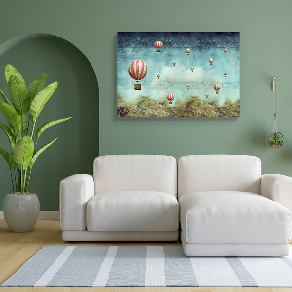 Hot Air Balloons Flying Canvas Painting Synthetic Frame-Paintings MDF Framing-AFF_FR-IC 5004463 IC 5004463, Ancient, Art and Paintings, Collages, Conceptual, Fantasy, Historical, Illustrations, Medieval, Surrealism, Vintage, hot, air, balloons, flying, canvas, painting, for, bedroom, living, room, engineered, wood, frame, imagination, balloon, collage, surreal, art, artistic, cloud, colorful, composition, creation, creativity, effect, forest, free, freedom, horizontal, idea, illustration, illustrative, imag