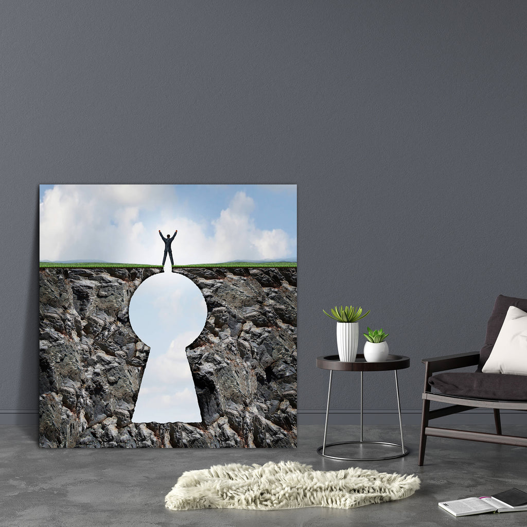 Businessman Standing On Keyhole Mountain Cliff Canvas Painting Synthetic Frame-Paintings MDF Framing-AFF_FR-IC 5004541 IC 5004541, Abstract Expressionism, Abstracts, Business, Conceptual, Inspirational, Motivation, Motivational, Mountains, Semi Abstract, Signs and Symbols, Symbols, businessman, standing, on, keyhole, mountain, cliff, canvas, painting, synthetic, frame, abstract, access, achievement, aspiration, businessperson, concept, doorway, enter, entrance, escape, financial, freedom, hole, human, idea,