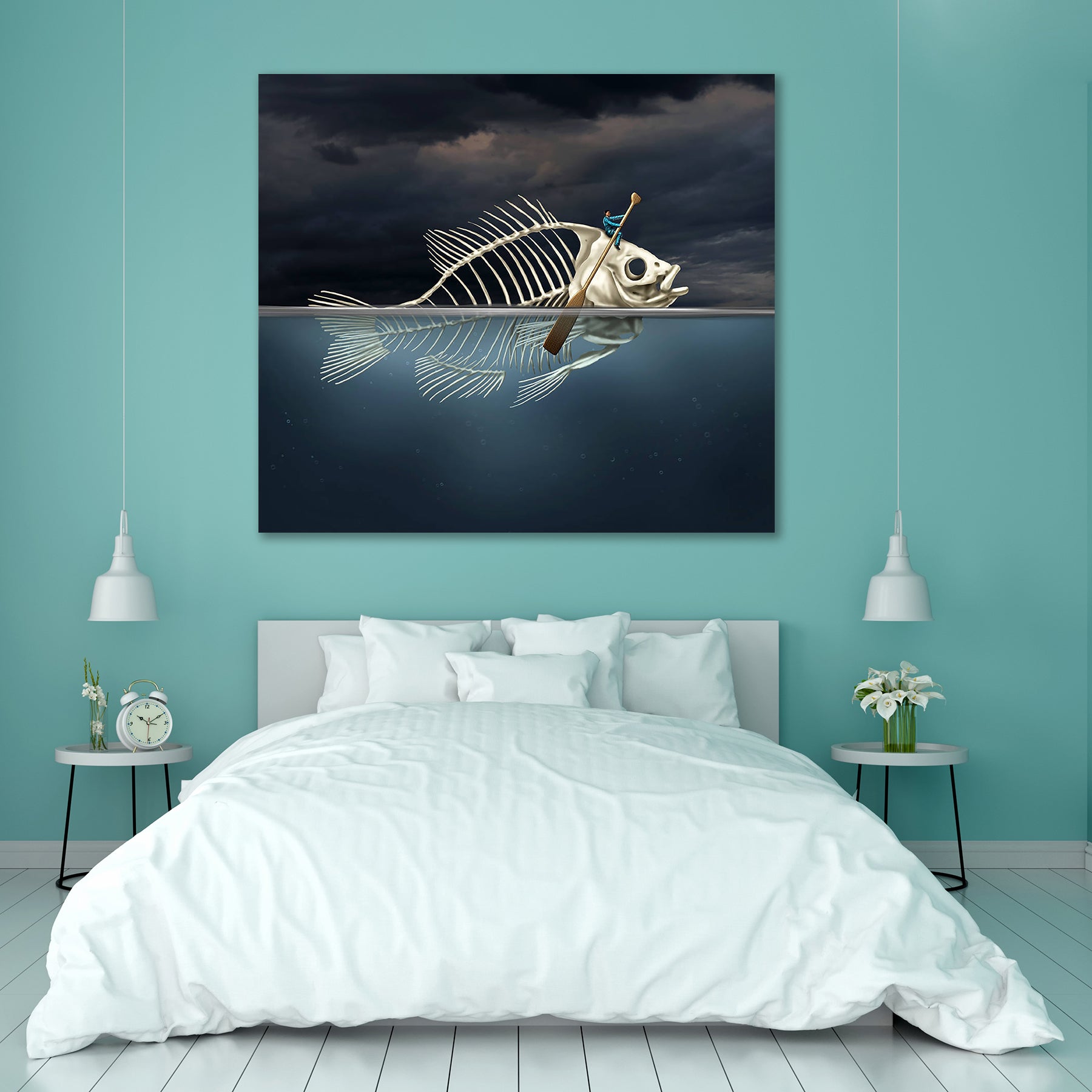 Fish Skeleton Rowing With A Boat Paddle Canvas Painting Synthetic Frame ...