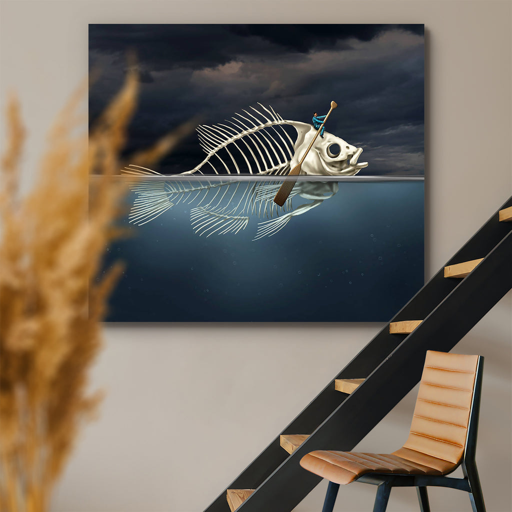 Fish Skeleton Rowing With A Boat Paddle Canvas Painting Synthetic Frame ...