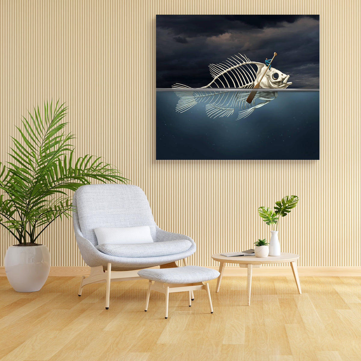 Fish Skeleton Rowing With A Boat Paddle Canvas Painting Synthetic Frame ...