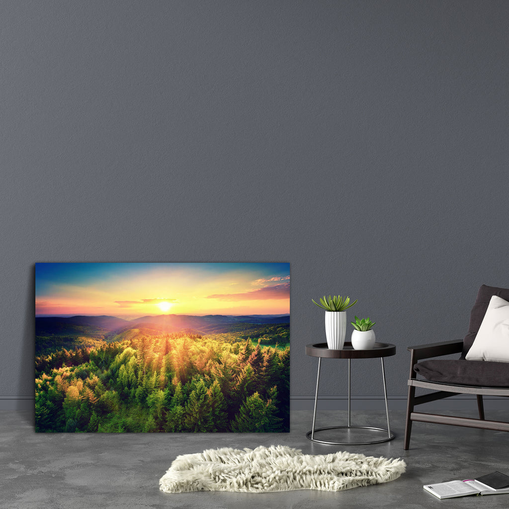 Sunset Over The Forest Hills Canvas Painting Synthetic Frame-Paintings MDF Framing-AFF_FR-IC 5004635 IC 5004635, Botanical, Floral, Flowers, Landscapes, Mountains, Nature, Scenic, Seasons, Sunrises, Sunsets, Wooden, sunset, over, the, forest, hills, canvas, painting, synthetic, frame, landscape, horizon, jungle, forests, autumn, sun, scenery, sunrise, beautiful, aerial, woods, background, beams, blue, colorful, colors, dramatic, earth, environment, evening, fall, filtered, flare, flora, gold, green, idyllic