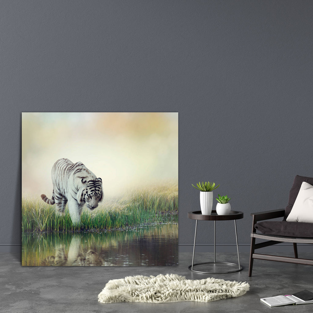 White Tiger Near A Pond Canvas Painting Synthetic Frame-Paintings MDF Framing-AFF_FR-IC 5004705 IC 5004705, Animals, Black, Black and White, Nature, Scenic, Stripes, White, Wildlife, tiger, near, a, pond, canvas, painting, synthetic, frame, tigers, albino, animal, big, cat, fur, grass, habitat, hunter, lake, large, mammal, outdoor, predator, reflection, stripe, water, artzfolio, wall decor for living room, wall frames for living room, frames for living room, wall art, canvas painting, wall frame, scenery, p