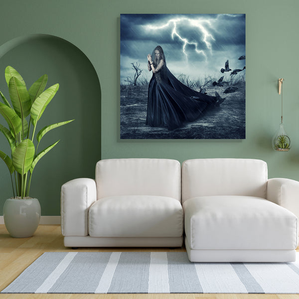 Woman In Black Canvas Painting Synthetic Frame-Paintings MDF Framing-AFF_FR-IC 5004735 IC 5004735, Ancient, Birds, Black, Black and White, Fantasy, Fashion, Medieval, Surrealism, Vintage, woman, in, canvas, painting, for, bedroom, living, room, engineered, wood, frame, wizard, girl, horror, world, bad, beads, beautiful, beauty, clouds, dark, downpour, dress, enchantress, evening, evil, fantastic, fashionable, flash, hailstorm, halloween, hurricane, lady, lightning, long, mage, magician, outdoor, pigeon, rai