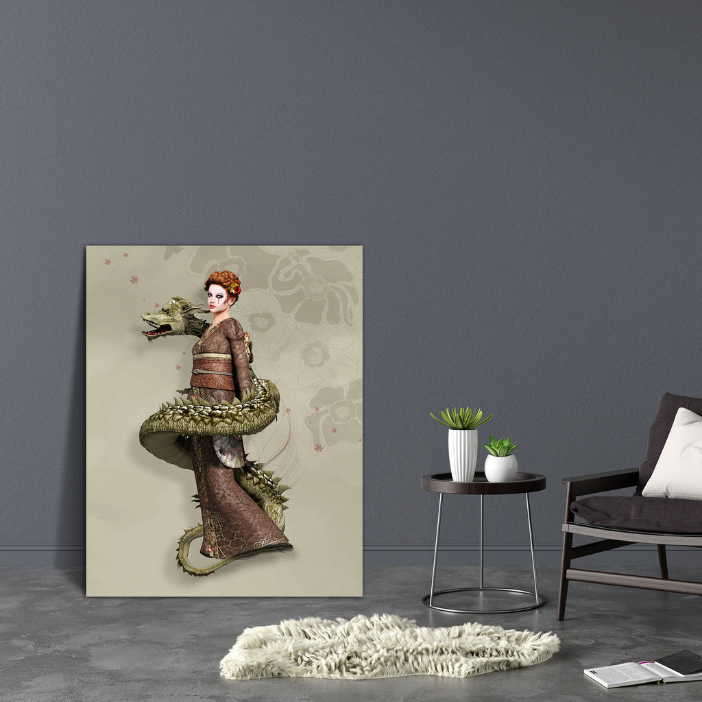 Woman With Dragon Canvas Painting Synthetic Frame-Paintings MDF Framing-AFF_FR-IC 5004775 IC 5004775, Art and Paintings, Asian, Botanical, Fantasy, Floral, Flowers, Illustrations, Japanese, Nature, woman, with, dragon, canvas, painting, synthetic, frame, art, artwork, asia, beautiful, beauty, danger, east, eastern, fairy, tale, fairytale, fan, geisha, girl, illustration, japan, kimono, orient, oriental, power, princess, spiral, tail, warrior, artzfolio, wall decor for living room, wall frames for living roo
