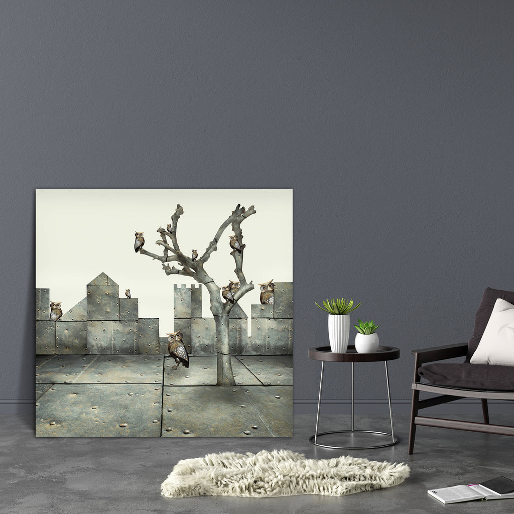 Clock & Small Mechanical Owls D1 Canvas Painting Synthetic Frame-Paintings MDF Framing-AFF_FR-IC 5004792 IC 5004792, Animals, Art and Paintings, Birds, Decorative, Fantasy, Illustrations, Landscapes, Nature, Realism, Scenic, Skylines, Surrealism, Metallic, clock, small, mechanical, owls, d1, canvas, painting, synthetic, frame, animal, art, artist, artistic, artwork, background, bird, branches, creative, creativity, detailed, elegant, fabulous, fanciful, funny, houses, illustration, imagination, landscape, m