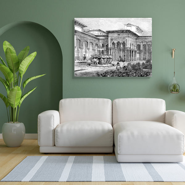 Court Of The Lions Alhambra Granada Canvas Painting Synthetic Frame-Paintings MDF Framing-AFF_FR-IC 5004989 IC 5004989, Allah, Ancient, Arabic, Architecture, Drawing, Historical, Illustrations, Islam, Landmarks, Landscapes, Medieval, Places, Scenic, Spanish, Victorian, Vintage, court, of, the, lions, alhambra, granada, canvas, painting, for, bedroom, living, room, engineered, wood, frame, antique, courtyard, engraving, fountain, illustration, landmark, landscape, monument, moorish, muslim, palace, spain, ar