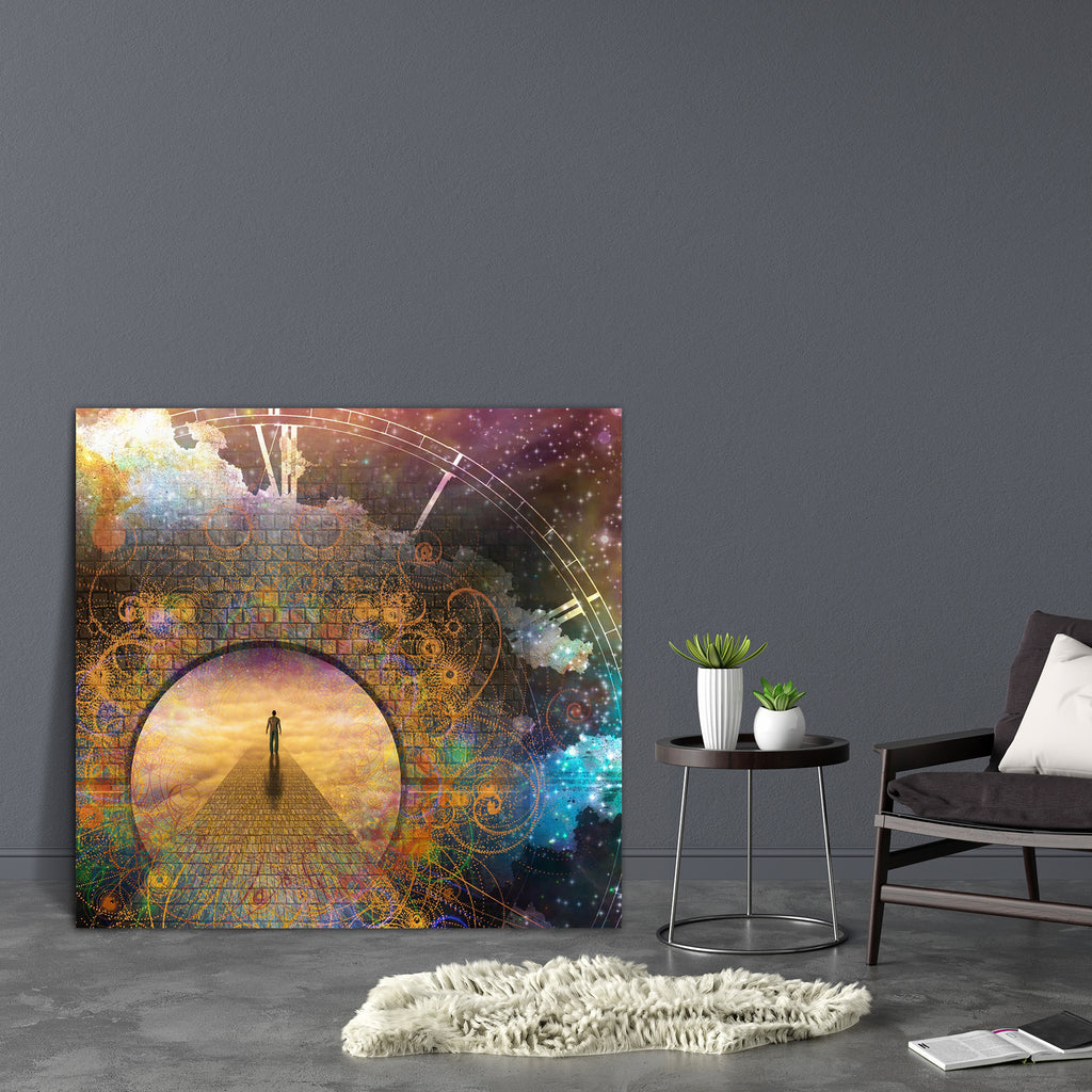 Man On Path & Doorway With Aged Clock Canvas Painting Synthetic Frame-Paintings MDF Framing-AFF_FR-IC 5005113 IC 5005113, Art and Paintings, Astronomy, Conceptual, Cosmology, Digital, Digital Art, Fantasy, Futurism, Graphic, Illustrations, Religion, Religious, Signs and Symbols, Space, Stars, Surrealism, Symbols, man, on, path, doorway, with, aged, clock, canvas, painting, synthetic, frame, universe, soul, journey, cosmos, mystic, mystical, surreal, heaven, infinity, mystery, eternity, concept, alien, alone