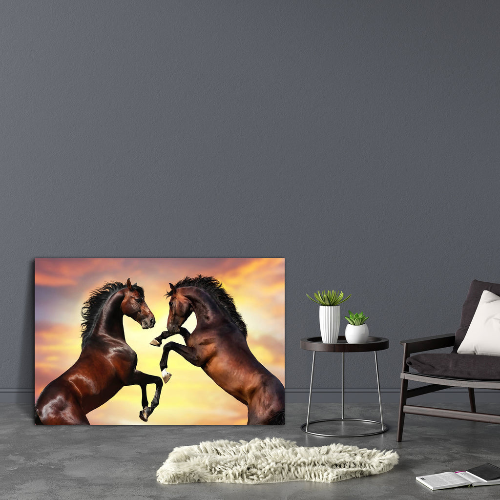 Two Bay Stallion With Long Mane Canvas Painting Synthetic Frame-Paintings MDF Framing-AFF_FR-IC 5005147 IC 5005147, Animals, Black, Black and White, Sports, Sunsets, White, two, bay, stallion, with, long, mane, canvas, painting, synthetic, frame, horse, horses, rearing, up, sunset, friesian, action, active, animal, background, beautiful, big, bridle, chestnut, clouds, couple, emotion, equestrian, equine, farm, fast, fastest, fight, force, forward, free, freedom, fun, gallop, game, isolated, jumping, mare, m