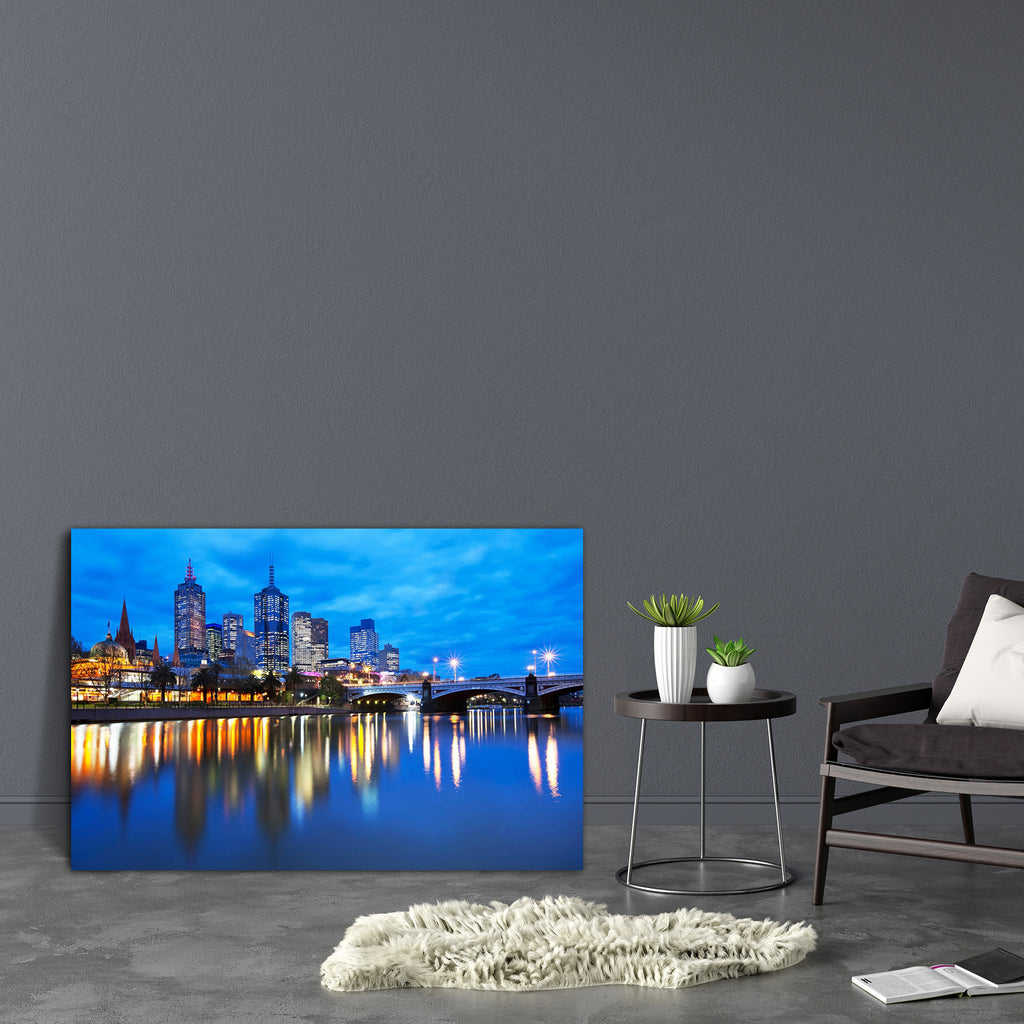 Melbourne Skyline Across Yarra River, Australia Canvas Painting Synthetic Frame-Paintings MDF Framing-AFF_FR-IC 5005181 IC 5005181, Architecture, Cities, City Views, Cross, Landscapes, People, Scenic, Skylines, Victorian, melbourne, skyline, across, yarra, river, australia, canvas, painting, synthetic, frame, city, blue, hour, blurred, motion, bridge, building, center, cityscape, color, downtown, dusk, horizontal, illuminated, image, landscape, lights, long, exposure, night, no, nobody, oceania, office, out