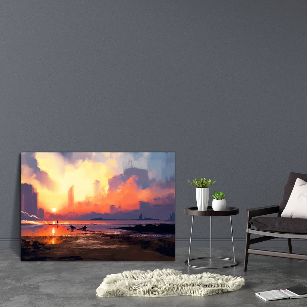 Man On Sea Beach Looking At Skyscraper Canvas Painting Synthetic Frame-Paintings MDF Framing-AFF_FR-IC 5005213 IC 5005213, Abstract Expressionism, Abstracts, Architecture, Art and Paintings, Automobiles, Boats, Cities, City Views, Illustrations, Landscapes, Nautical, Paintings, Scenic, Science Fiction, Semi Abstract, Signs, Signs and Symbols, Skylines, Sunrises, Sunsets, Transportation, Travel, Vehicles, Watercolour, man, on, sea, beach, looking, at, skyscraper, canvas, painting, synthetic, frame, science, 