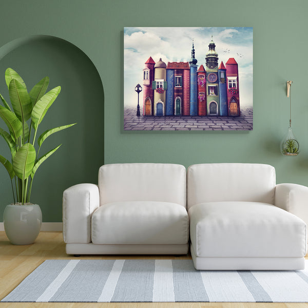 Magic City With Old Books Canvas Painting Synthetic Frame-Paintings MDF Framing-AFF_FR-IC 5005385 IC 5005385, Ancient, Books, Calligraphy, Cities, City Views, Collages, Education, Fantasy, Historical, Landscapes, Medieval, Scenic, Schools, Signs, Signs and Symbols, Skylines, Surrealism, Symbols, Universities, Vintage, magic, city, with, old, canvas, painting, for, bedroom, living, room, engineered, wood, frame, dream, surreal, literature, imagination, fairy, tale, tales, book, landscape, dreams, blue, brown