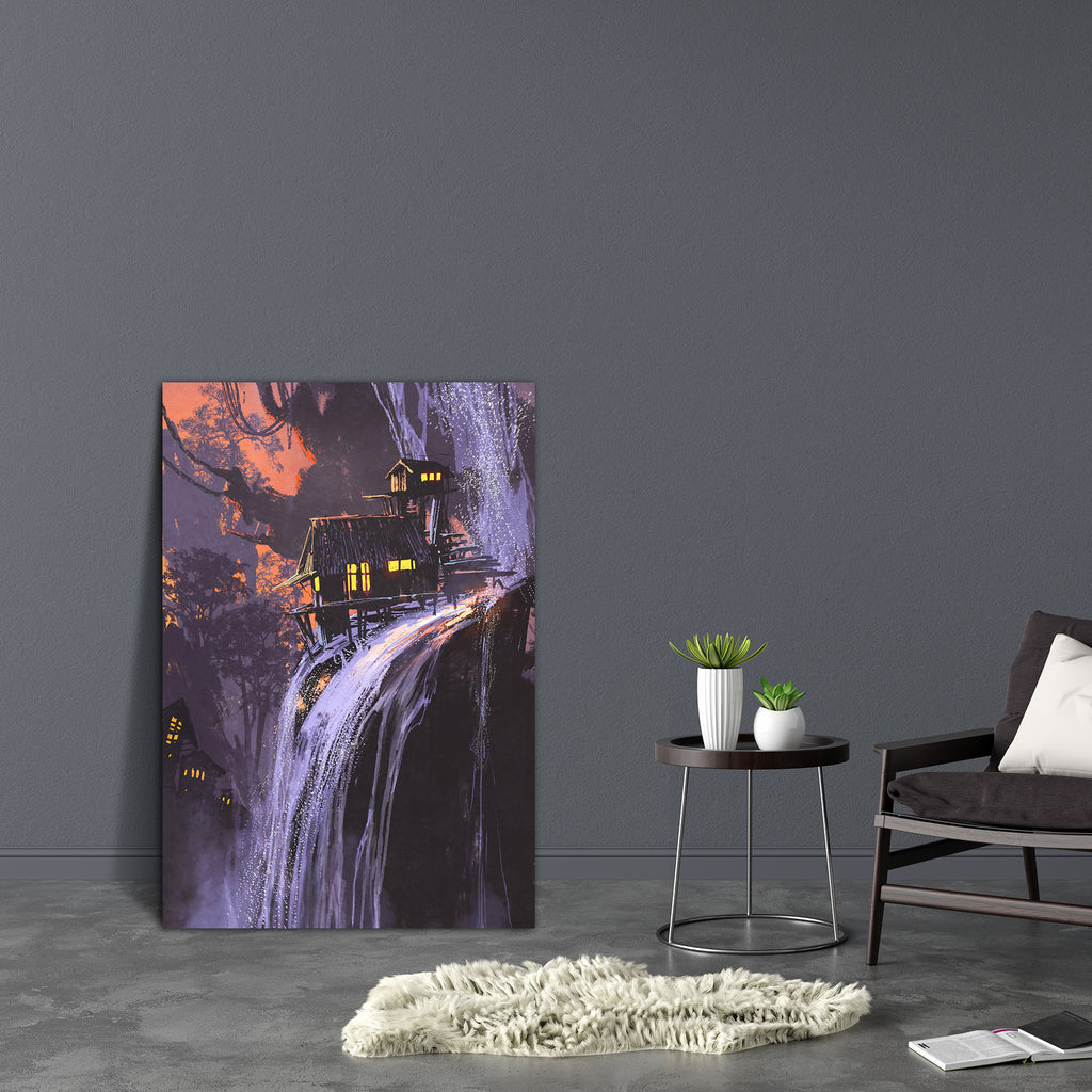 Waterfall House At Sunset Canvas Painting Synthetic Frame-Paintings MDF Framing-AFF_FR-IC 5005503 IC 5005503, Art and Paintings, Digital, Digital Art, Fantasy, Graphic, Illustrations, Landscapes, Nature, Paintings, Scenic, Signs, Signs and Symbols, Sunsets, Watercolour, waterfall, house, at, sunset, canvas, painting, synthetic, frame, acrylic, art, artistic, artwork, background, beautiful, building, color, concept, decoration, design, fall, forest, home, illustration, landscape, nobody, oil, rock, scene, st
