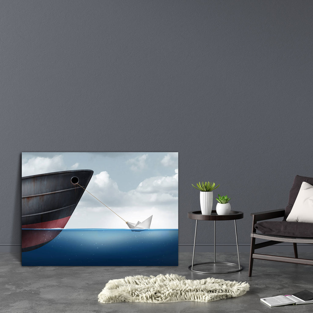 Boat Pulling A Huge Metal Ship Canvas Painting Synthetic Frame-Paintings MDF Framing-AFF_FR-IC 5005539 IC 5005539, Boats, Business, Conceptual, Inspirational, Motivation, Motivational, Nautical, Signs and Symbols, Surrealism, Symbols, Metallic, boat, pulling, a, huge, metal, ship, canvas, painting, synthetic, frame, concept, success, performance, concepts, power, paper, effort, belief, achieve, amazing, capable, cargo, control, determination, energy, haul, impressive, incredible, metaphor, mighty, overachie