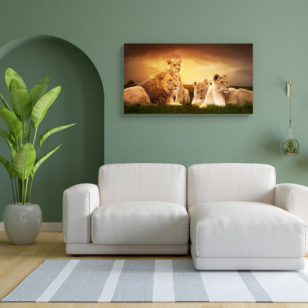 African Lions Canvas Painting Synthetic Frame-Paintings MDF Framing-AFF_FR-IC 5005647 IC 5005647, African, Animals, Family, Sunsets, Wildlife, lions, canvas, painting, for, bedroom, living, room, engineered, wood, frame, africa, animal, carnivore, creature, female, furry, grass, majestic, male, mammal, manipulation, orange, predator, pride, resting, sky, sundown, sunset, wild, wilderness, artzfolio, wall decor for living room, wall frames for living room, frames for living room, wall art, canvas painting, w