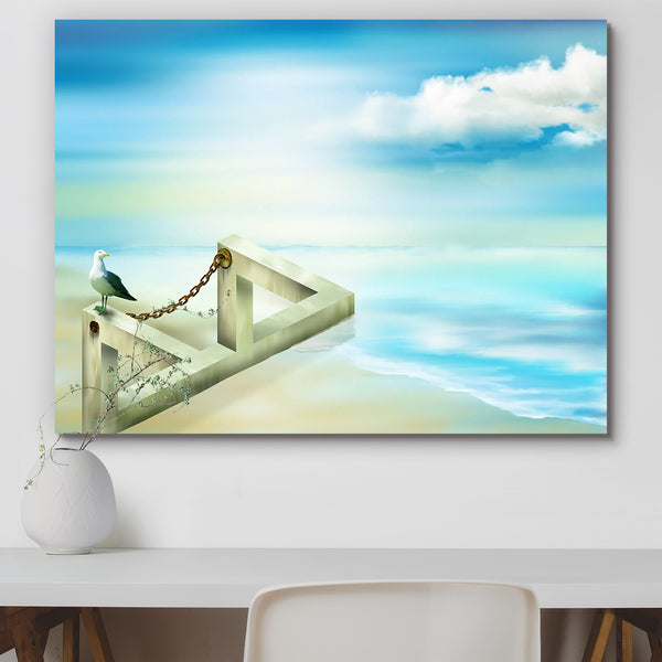 Impossible Structure on the Seashore Peel & Stick Vinyl Wall Sticker-Laminated Wall Stickers-ART_VN_UN-IC 5005737 IC 5005737, Art and Paintings, Birds, Fantasy, Geometric, Geometric Abstraction, Illustrations, Perspective, Surrealism, Triangles, impossible, structure, on, the, seashore, peel, stick, vinyl, wall, sticker, for, home, decoration, optical, illusion, angular, art, beach, bird, blue, calm, chain, daybreak, dream, dreamscape, imagination, mirage, mystery, peaceful, puzzle, sand, sea, seagull, seas