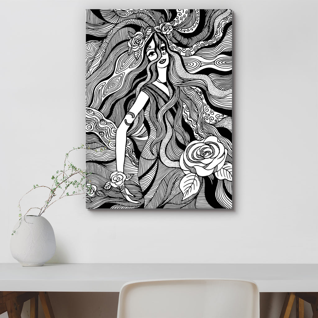 Drawing of a Girl With Flowers Peel & Stick Vinyl Wall Sticker-Laminated Wall Stickers-ART_VN_UN-IC 5006042 IC 5006042, Art and Paintings, Art Nouveau, Black, Black and White, Botanical, Culture, Drawing, Ethnic, Floral, Flowers, Hand Drawn, Illustrations, Modern Art, Nature, Paintings, Scenic, Traditional, Tribal, White, World Culture, of, a, girl, with, peel, stick, vinyl, wall, sticker, art, nouveau, artwork, backdrop, background, beauty, and, blossom, card, character, contrast, cover, curl, flourish, fl