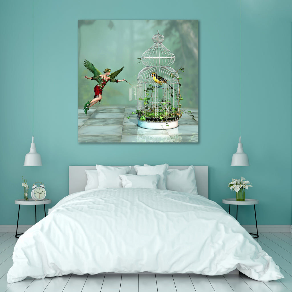 Bird freed out of the Cage by a Fairy Peel & Stick Vinyl Wall Sticker-Laminated Wall Stickers-ART_VN_UN-IC 5006110 IC 5006110, 3D, Art and Paintings, Birds, Botanical, Digital, Digital Art, Fantasy, Floral, Flowers, Graphic, Illustrations, Nature, bird, freed, out, of, the, cage, by, a, fairy, peel, stick, vinyl, wall, sticker, art, birdcage, charming, conjure, creeper, dress, elf, enchanting, fae, fairyland, fairytale, female, flower, forest, gate, girl, gleam, green, illustration, light, magic, wand, magi