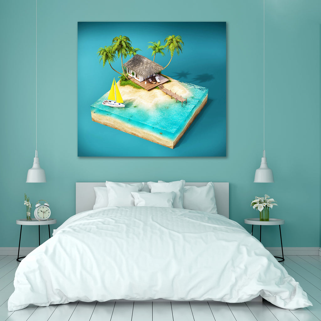 Tropical Island With Palms & Bungalow On A Beach, Art and Paintings, Automobiles, Boats, Cross, Holidays, Illustrations, Nature, Nautical, Scenic, Signs, Signs and Symbols, Transportation, Travel, Tropical, Vehicles, adhesive, bed, big, cupboard, decal, decor, dining, furniture, home, house, item, kids, kitchen, large, office, painting, paper, poster, pvc, room, self, sticker, vinyl, wall, wallpaper, waterproof, , , , 