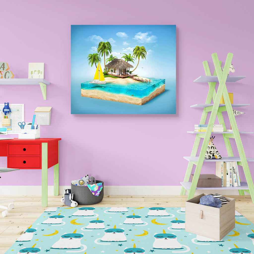 Tropical Island Beach with Palms & Bungalow Peel & Stick Vinyl Wall Sticker-Laminated Wall Stickers-ART_VN_UN-IC 5006627 IC 5006627, Art and Paintings, Automobiles, Boats, Cross, Holidays, Illustrations, Nature, Nautical, Scenic, Signs, Signs and Symbols, Transportation, Travel, Tropical, Vehicles, island, beach, with, palms, bungalow, peel, stick, vinyl, wall, sticker, art, background, blue, boat, coast, concept, creative, cut, design, earth, exotic, green, ground, holiday, hotel, hut, idyllic, illustratio
