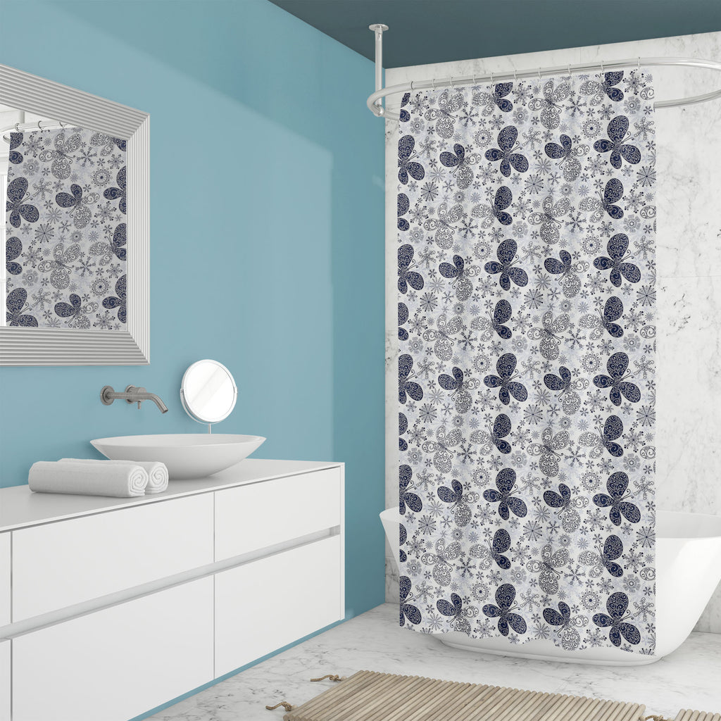 Snowflakes & Butterflies Washable Waterproof Shower Curtain-Shower Curtains-CUR_SH_EL-IC 5007197 IC 5007197, Ancient, Black and White, Christianity, Circle, Decorative, Digital, Digital Art, Drawing, Graphic, Historical, Illustrations, Medieval, Patterns, Retro, Signs, Signs and Symbols, Symbols, Vintage, White, snowflakes, butterflies, washable, waterproof, shower, curtain, wallpaper, pattern, seamless, background, blue, butterfly, christmas, crack, crossing, crystal, curl, design, gentle, handwork, ice, i