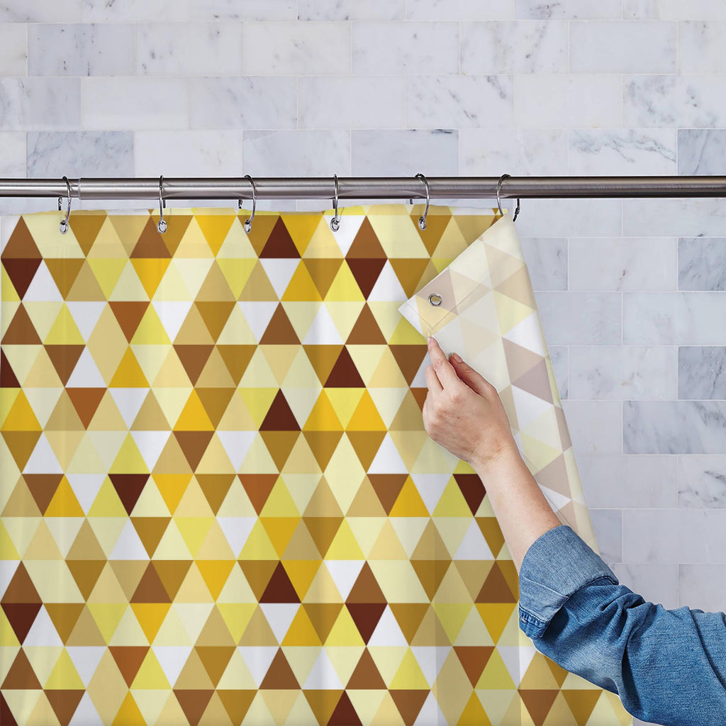 Gold Triangle Washable Waterproof Shower Curtain-Shower Curtains-CUR_SH_EL-IC 5007242 IC 5007242, Abstract Expressionism, Abstracts, Art and Paintings, Diamond, Fashion, Geometric, Geometric Abstraction, Illustrations, Modern Art, Patterns, Retro, Semi Abstract, Signs, Signs and Symbols, Symbols, Triangles, gold, triangle, washable, waterproof, shower, curtain, pattern, abstract, art, backdrop, background, beauty, bright, calmness, decor, decoration, design, element, fabric, funky, happy, illustration, mode