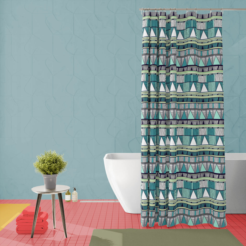 Tribal Art D4 Washable Waterproof Shower Curtain-Shower Curtains-CUR_SH_EL-IC 5007389 IC 5007389, Abstract Expressionism, Abstracts, Ancient, Black and White, Culture, Decorative, Drawing, Ethnic, Fantasy, Fashion, Folk Art, Geometric, Geometric Abstraction, Historical, Medieval, Patterns, Semi Abstract, Signs, Signs and Symbols, Stripes, Traditional, Triangles, Tribal, Vintage, White, World Culture, art, d4, washable, waterproof, shower, curtain, abstract, abstraction, artistic, backdrop, background, blue,