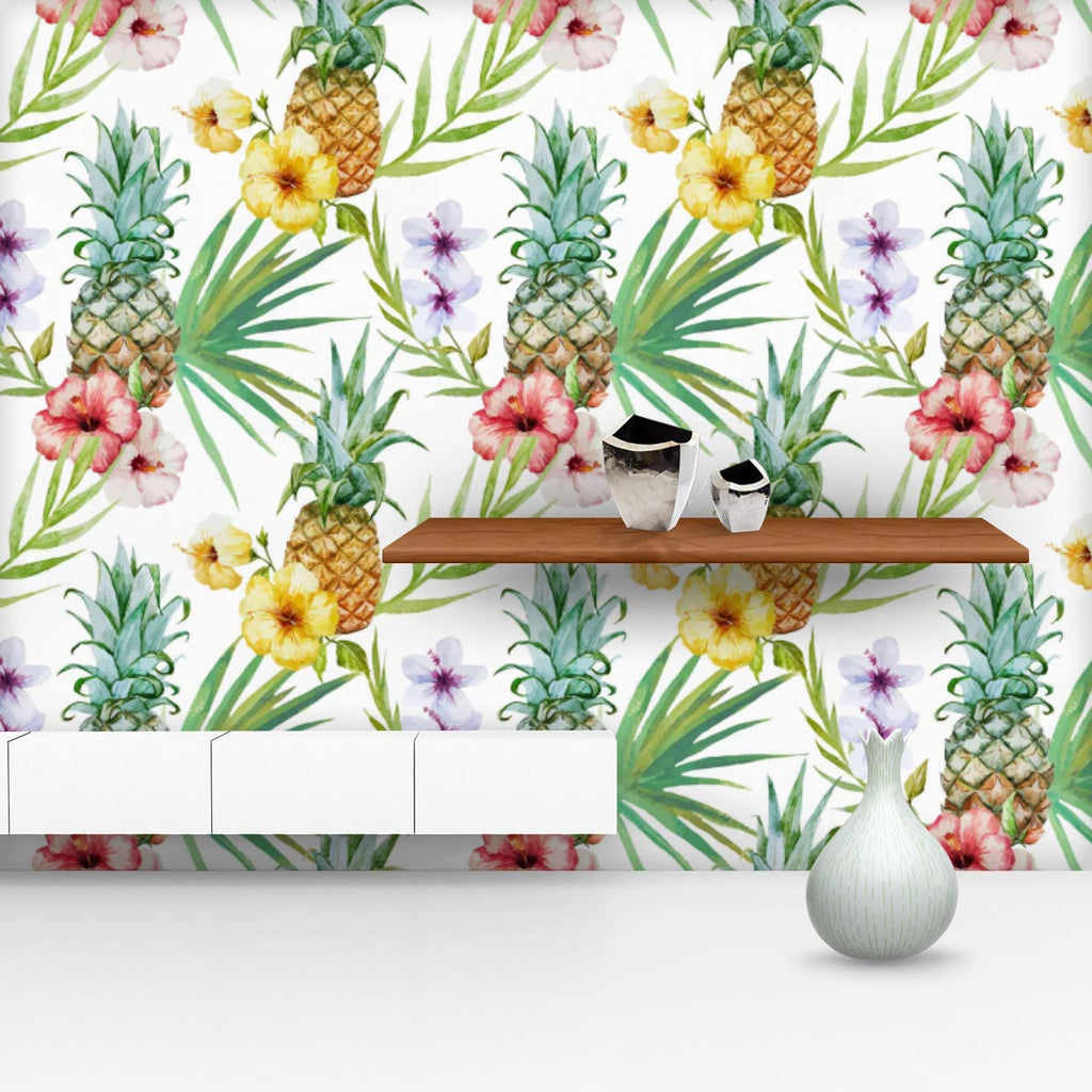 Pineapples & Hibiscus Wallpaper Roll-Wallpapers Peel & Stick-WAL_PA-IC 5007603 IC 5007603, Abstract Expressionism, Abstracts, Art and Paintings, Botanical, Digital, Digital Art, Floral, Flowers, Fruit and Vegetable, Fruits, Graphic, Hawaiian, Holidays, Illustrations, Nature, Patterns, Scenic, Semi Abstract, Signs, Signs and Symbols, Tropical, Watercolour, pineapples, hibiscus, wallpaper, roll, pineapple, pattern, background, watercolor, hawaii, fruit, aloha, abstract, art, beautiful, blue, cocktails, design