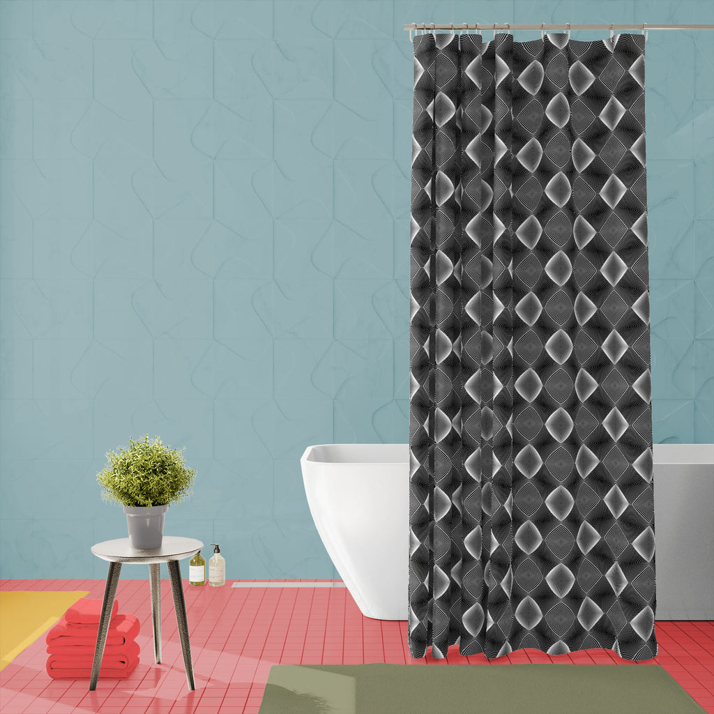 Monochrome Diamond D3 Washable Waterproof Shower Curtain-Shower Curtains-CUR_SH_EL-IC 5007607 IC 5007607, Abstract Expressionism, Abstracts, Art and Paintings, Black, Black and White, Circle, Diamond, Digital, Digital Art, Geometric, Geometric Abstraction, Graphic, Grid Art, Illustrations, Modern Art, Patterns, Semi Abstract, Signs, Signs and Symbols, Stripes, White, monochrome, d3, washable, waterproof, shower, curtain, abstract, abstraction, art, background, circular, curve, design, diagonal, ellipse, end