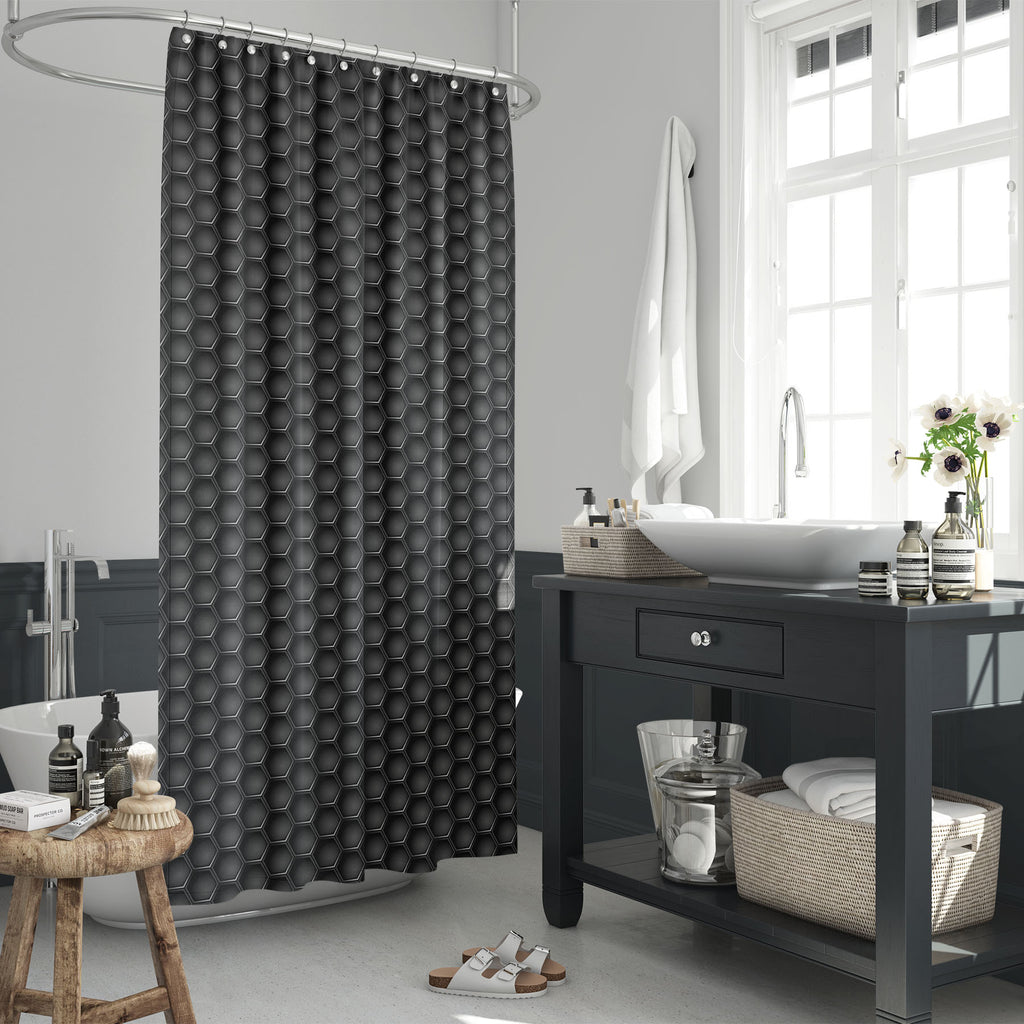 Hexagons Washable Waterproof Shower Curtain-Shower Curtains-CUR_SH_EL-IC 5007660 IC 5007660, Abstract Expressionism, Abstracts, Black, Black and White, Digital, Digital Art, Geometric, Geometric Abstraction, Graphic, Grid Art, Hexagon, Honeycomb, Illustrations, Modern Art, Patterns, Semi Abstract, Signs, Signs and Symbols, Metallic, hexagons, washable, waterproof, shower, curtain, metal, carbon, texture, background, pattern, metals, abstract, backdrop, chrome, closeup, concept, dark, decor, design, futurist