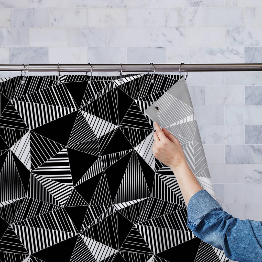 Black And White Triangles Washable Waterproof Shower Curtain-Shower Curtains-CUR_SH_EL-IC 5007867 IC 5007867, Abstract Expressionism, Abstracts, Art and Paintings, Black, Black and White, Decorative, Diamond, Digital, Digital Art, Geometric, Geometric Abstraction, Graphic, Illustrations, Modern Art, Patterns, Semi Abstract, Signs, Signs and Symbols, Stripes, Triangles, White, and, washable, waterproof, shower, curtain, pattern, geometry, abstract, art, artistic, backdrop, background, contrast, creative, dec