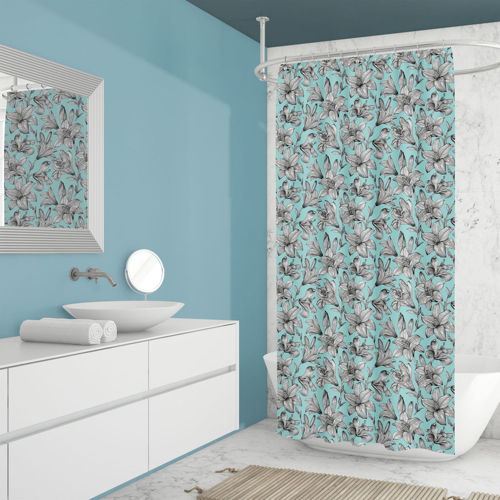 Floral White Lily Flowers D2 Washable Waterproof Shower Curtain-Shower Curtains-CUR_SH_EL-IC 5007923 IC 5007923, Ancient, Art and Paintings, Black, Black and White, Botanical, Drawing, Floral, Flowers, Historical, Illustrations, Medieval, Nature, Patterns, Retro, Signs, Signs and Symbols, Victorian, Vintage, White, lily, d2, washable, waterproof, shower, curtain, art, background, beautiful, blossom, bouquet, classic, composition, decor, design, detailed, elegant, female, flower, garden, gentle, graceful, gr