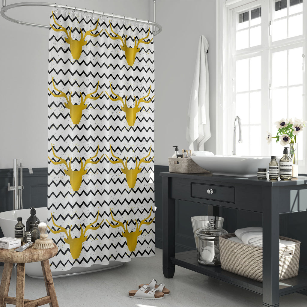 Goden Deer Head Chevron Washable Waterproof Shower Curtain-Shower Curtains-CUR_SH_EL-IC 5007981 IC 5007981, Abstract Expressionism, Abstracts, Black, Black and White, Chevron, Culture, Digital, Digital Art, Ethnic, Geometric, Geometric Abstraction, Graphic, Hipster, Illustrations, Patterns, Semi Abstract, Signs, Signs and Symbols, Traditional, Tribal, Vintage, World Culture, Metallic, goden, deer, head, washable, waterproof, shower, curtain, abstract, antlers, background, brush, card, color, cool, decoratio